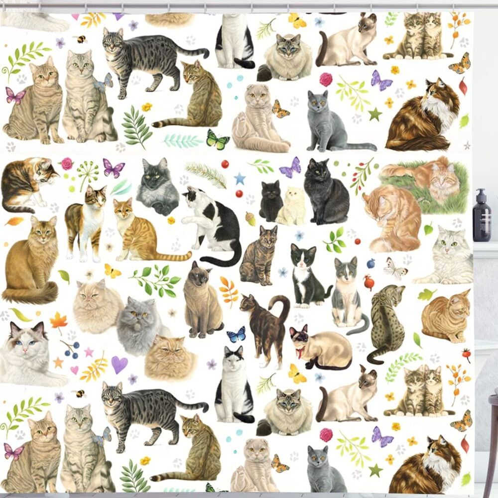 72x72 Inch, Cat Shower Curtain with Hooks